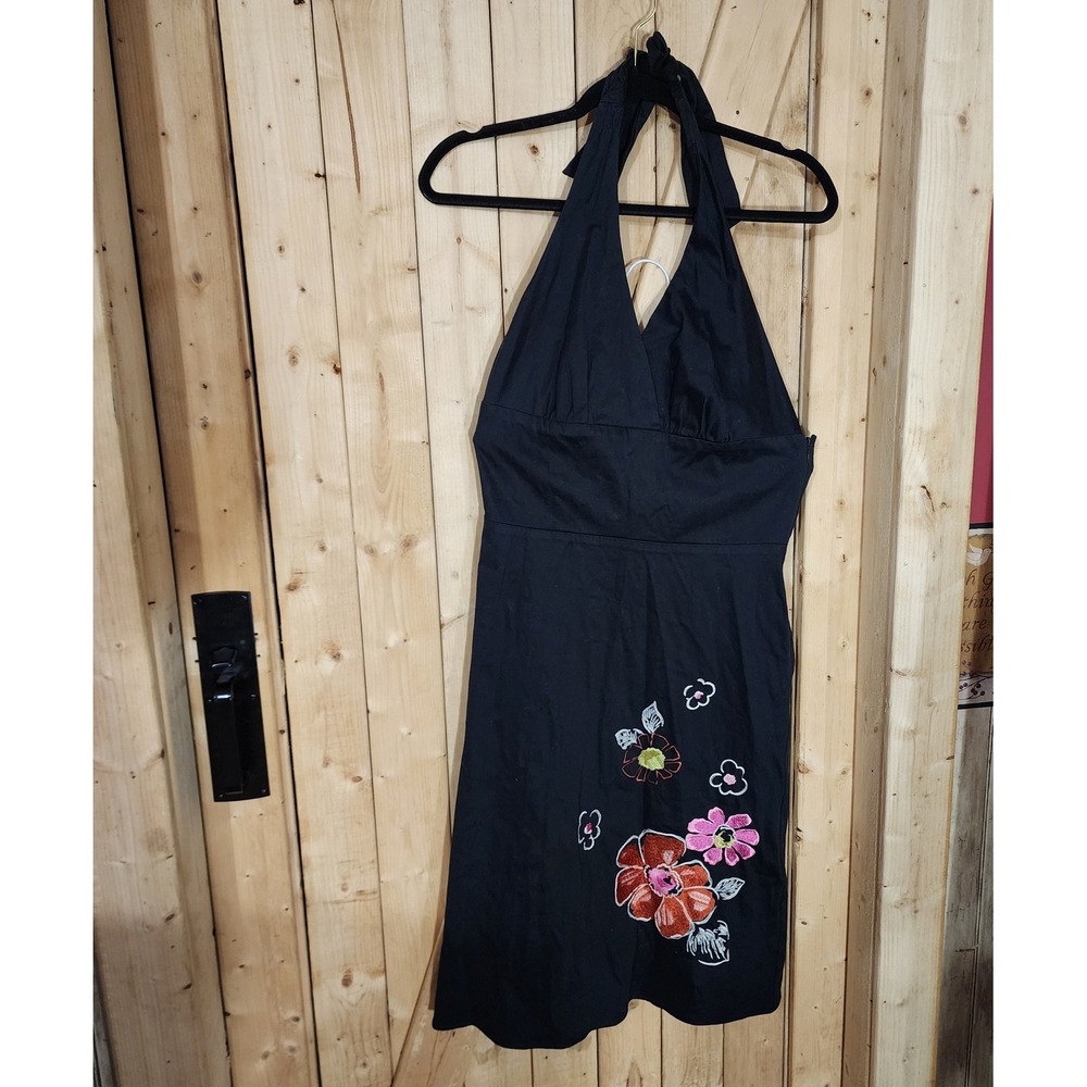 Y2K Hype Black Halter Dress Floral Embroidery Smocked Back Size 8 Made in USA